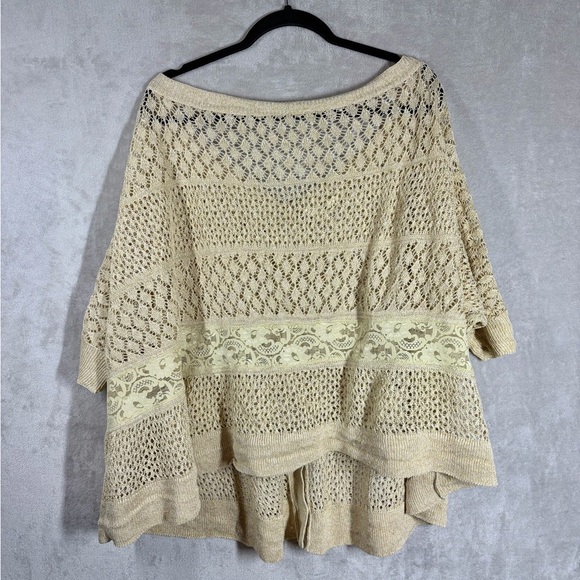 Anthropologie Sweaters - Anthropologie Moth Oversized Crochet Sweater Size L Tan Linen Fairy Shabby Chic